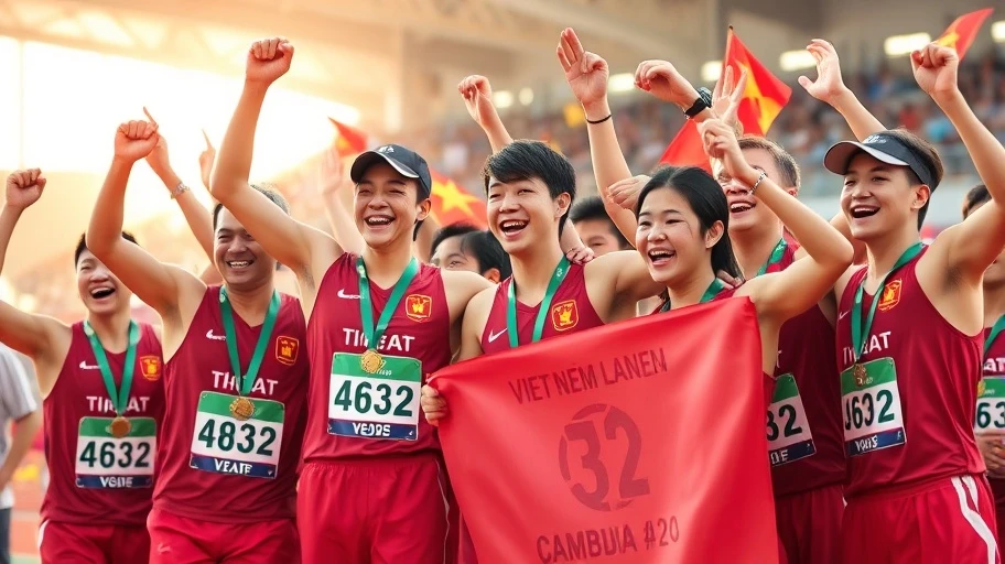 Hình ảnh các vận động viên Việt Nam ăn mừng chiến thắng tại SEA Games 32.