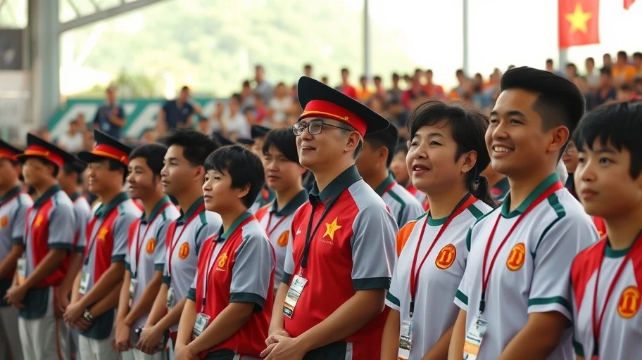 Hình ảnh quan chức và vận động viên tại lễ xuất quân đoàn thể thao