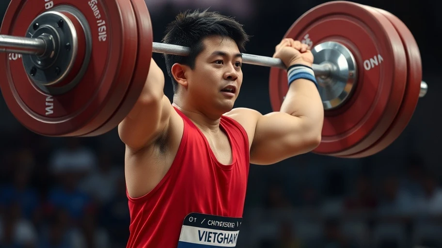 Hình ảnh vận động viên cử tạ Việt Nam thi đấu tại giải châu lục.