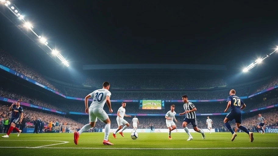 Real Madrid và Juventus thi đấu trong sân vận động sáng rực rỡ, cầu thủ đang thi đấu